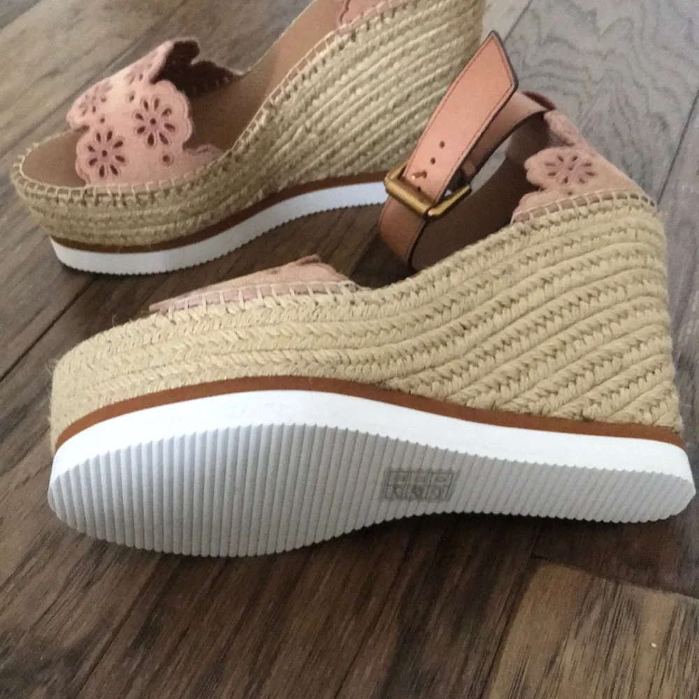 See By Chloé Pink Floral Suede Espadrille Wedge Sandals